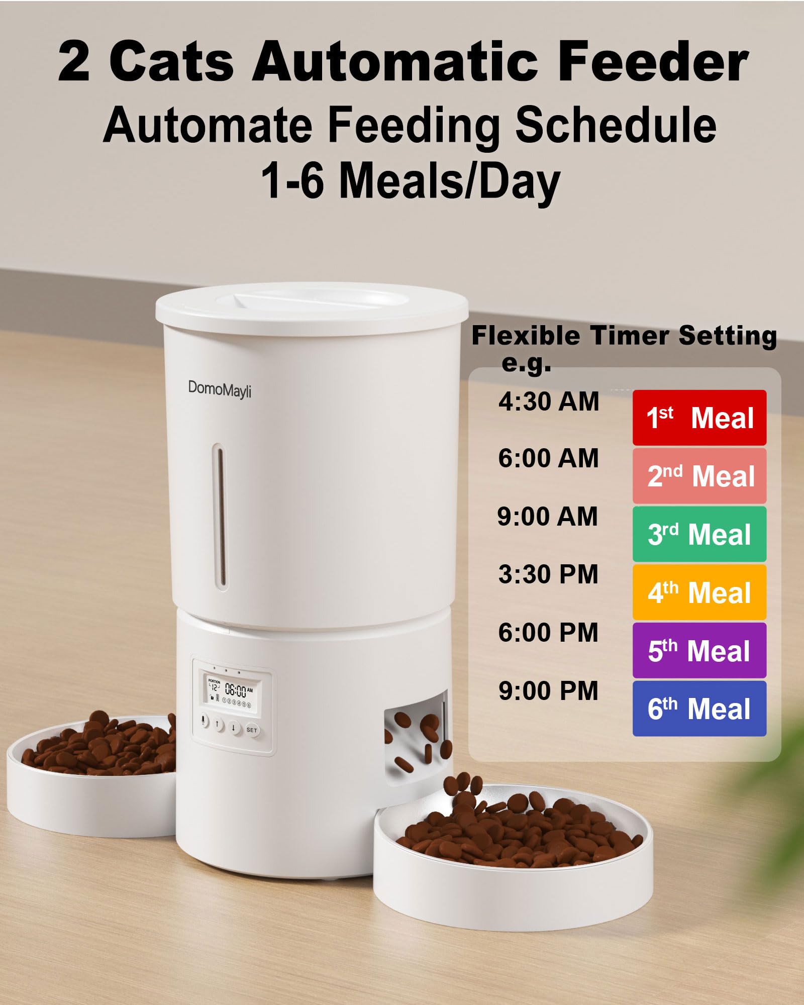 DomoMayli cat feeder with timed feeding schedule for consistent meals.