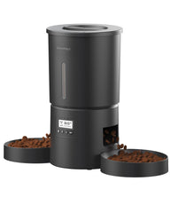 DomoMayli automatic dual cats feeder front view showing dual bowls and controls for synchronized feeding
