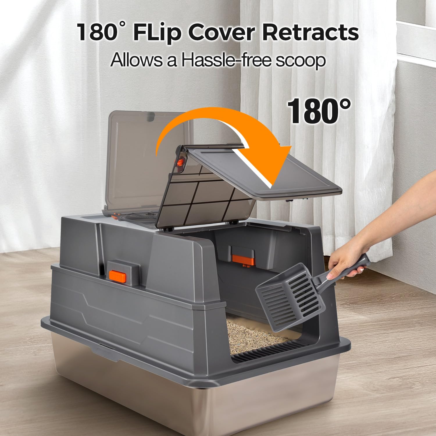 Donlinno XXXL stainless litter box 180-degree door enables quick scooping