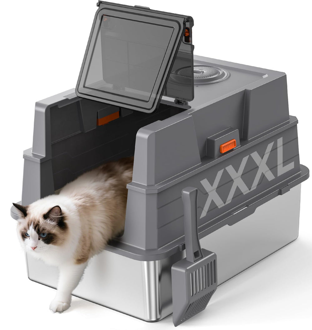 Donlinno XXXL stainless litter box open lid shows kitten-friendly access for easy scooping