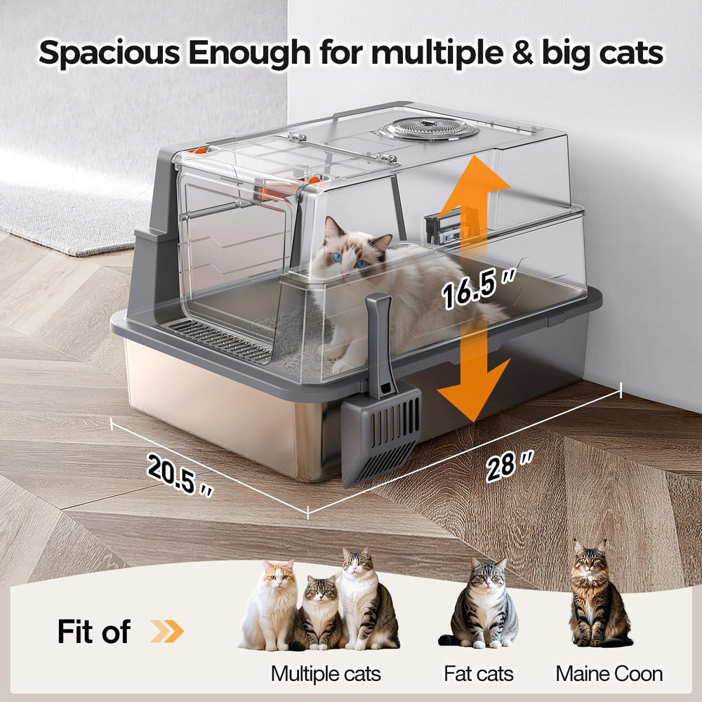 Donlinno XXXL stainless litter box semi-enclosed view offers balanced ventilation