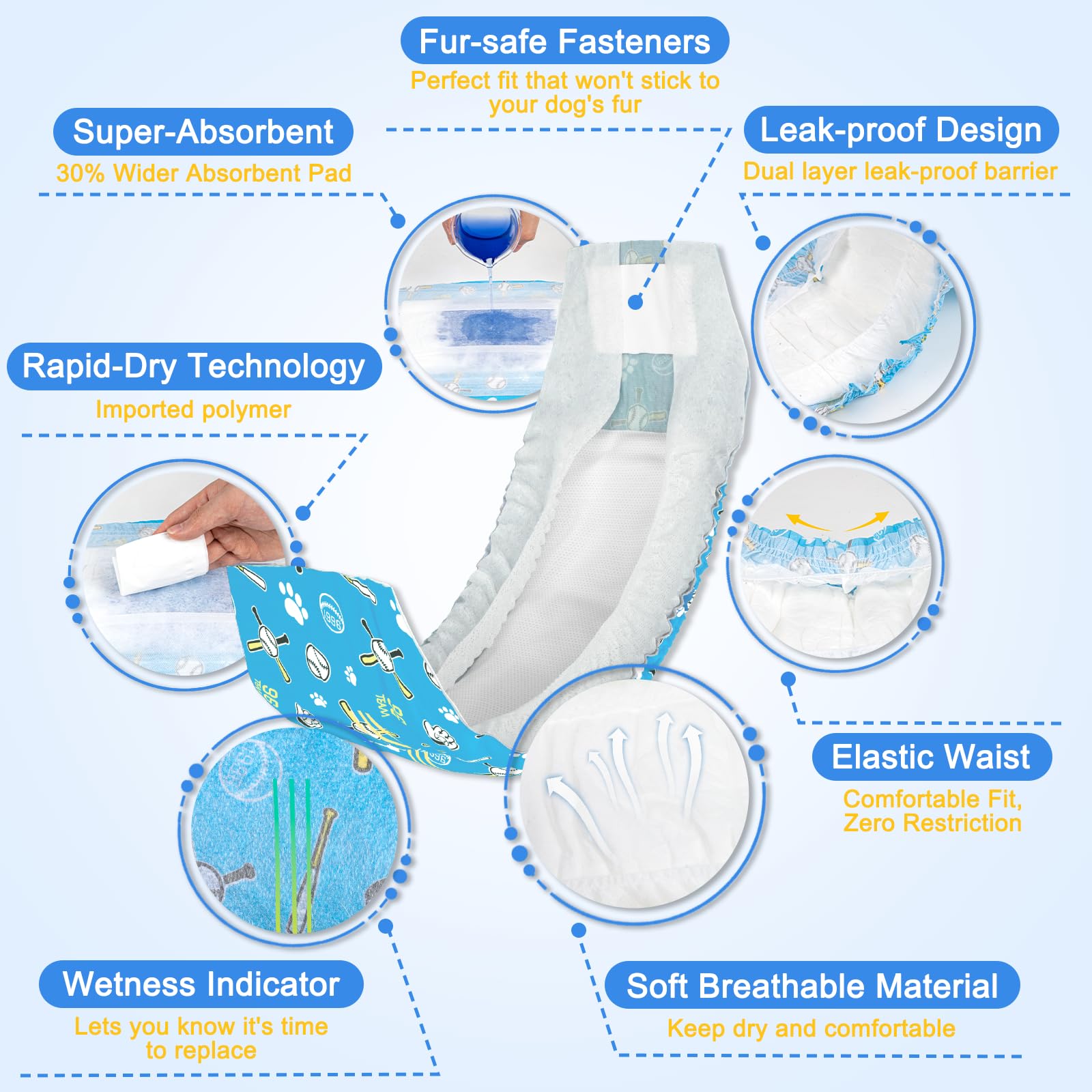 Dono dog diapers adjustable fasteners and elastic waistband for secure fit.