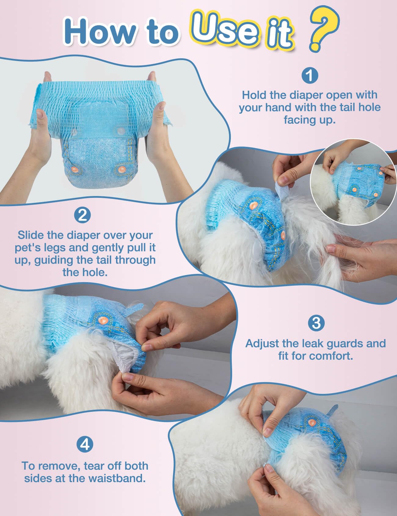Dono dog diapers tear-away side seams for quick, mess-free changes.