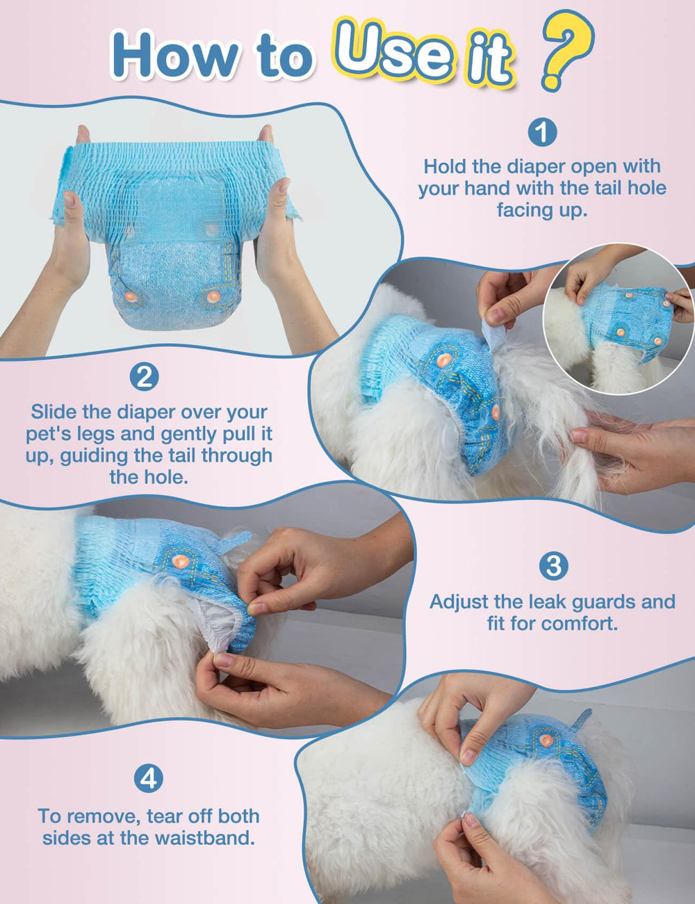 Dono dog diapers tear-away side seams for quick, mess-free changes.