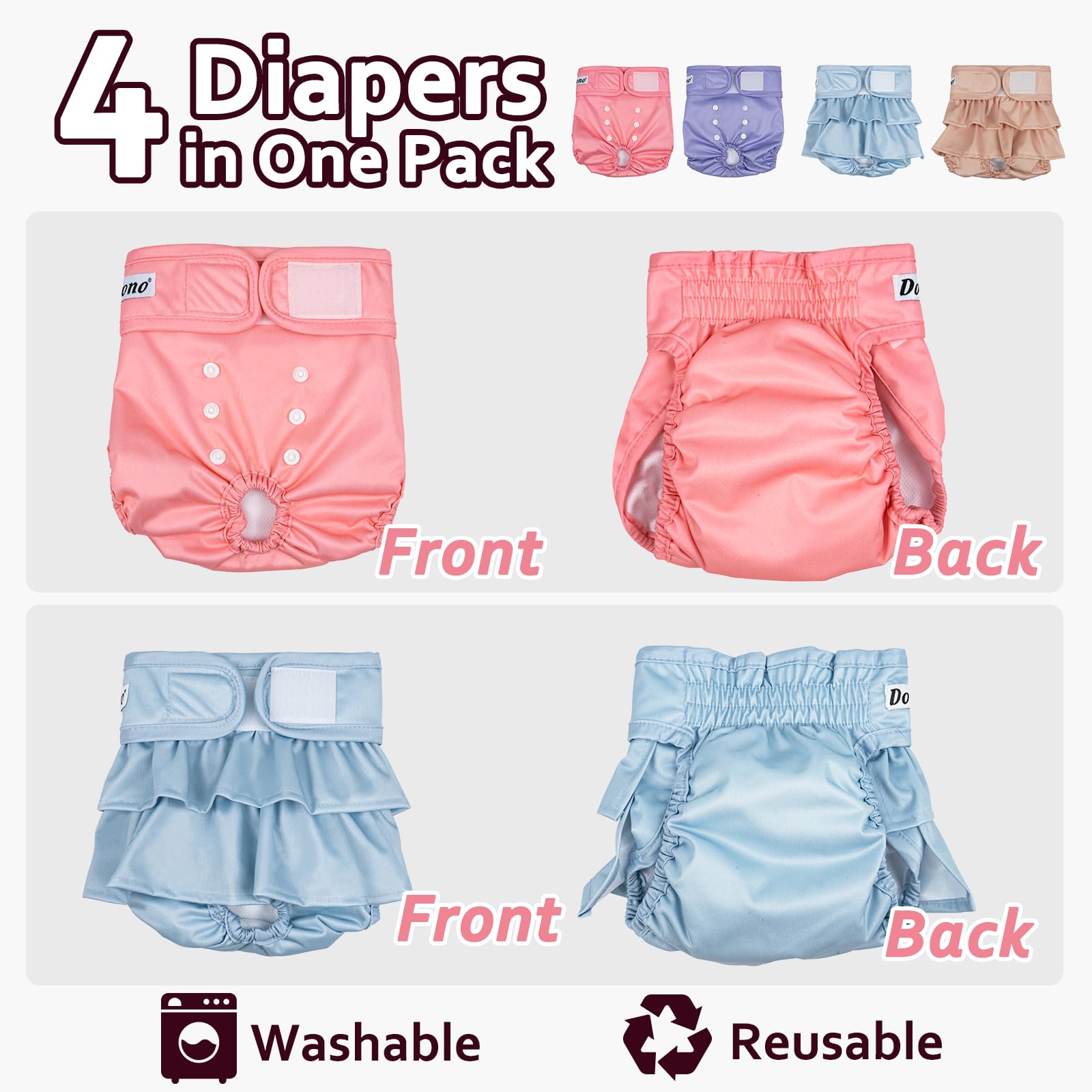 Dono four-pack display of washable dog diapers—versatile for heat, training, and recovery.