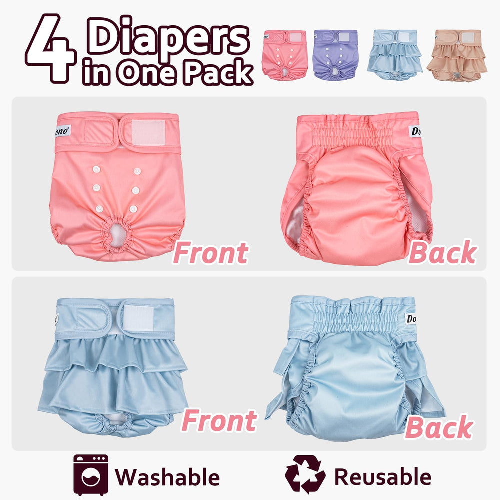 Dono four-pack display of washable dog diapers—versatile for heat, training, and recovery.