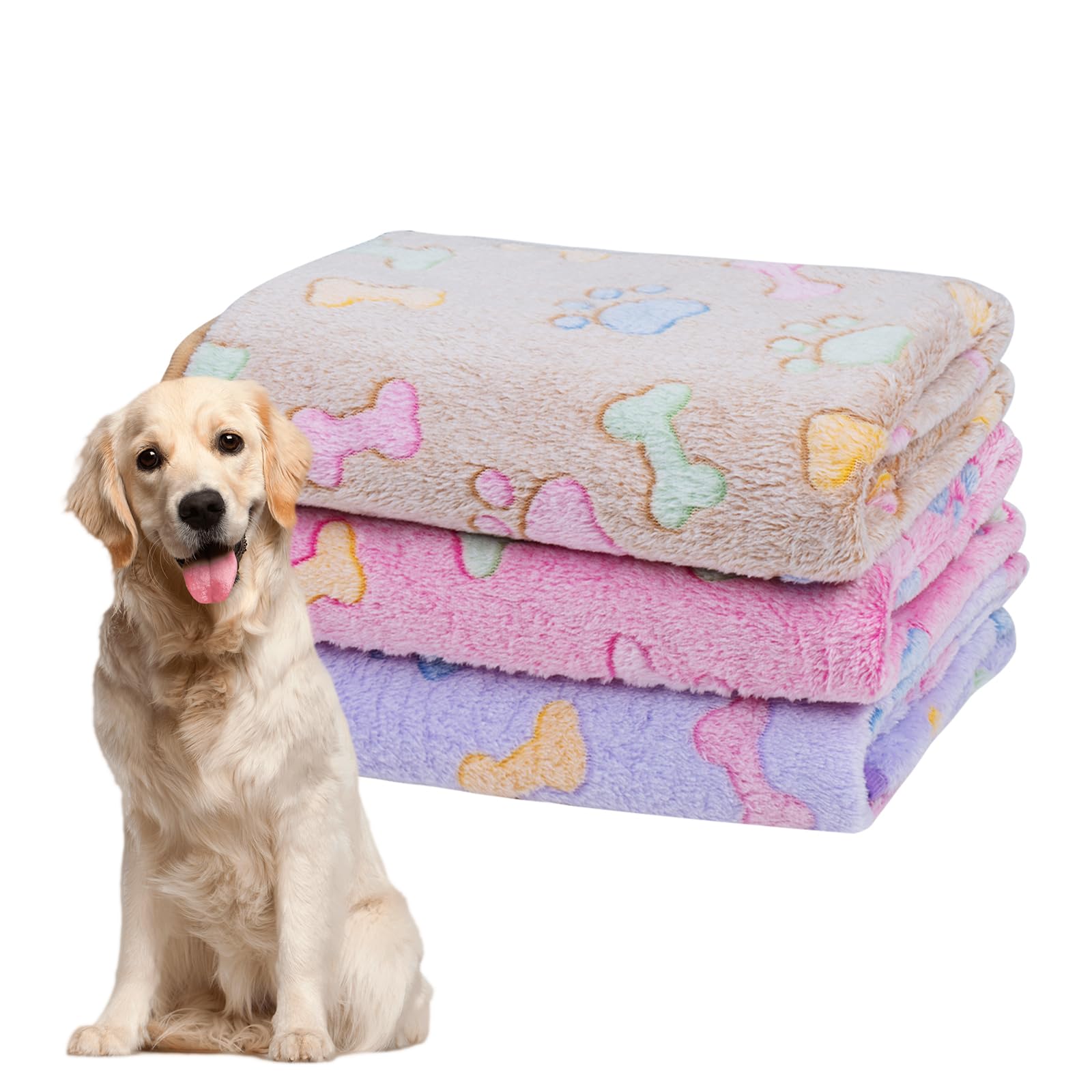 Dono three-pack dog blankets feature soft fluffy fleece with paw print for cozy naps.