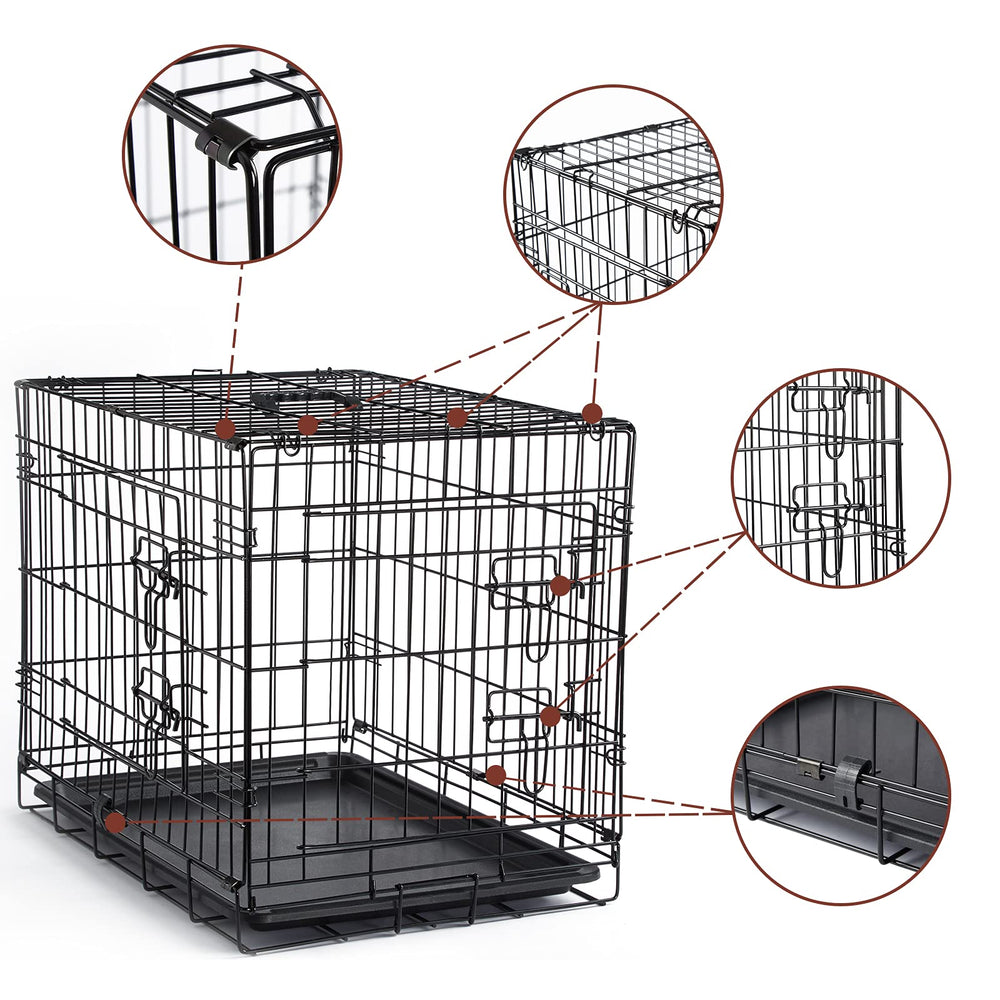 Donoro sturdy latch system on metal crate keeps pets safely inside.