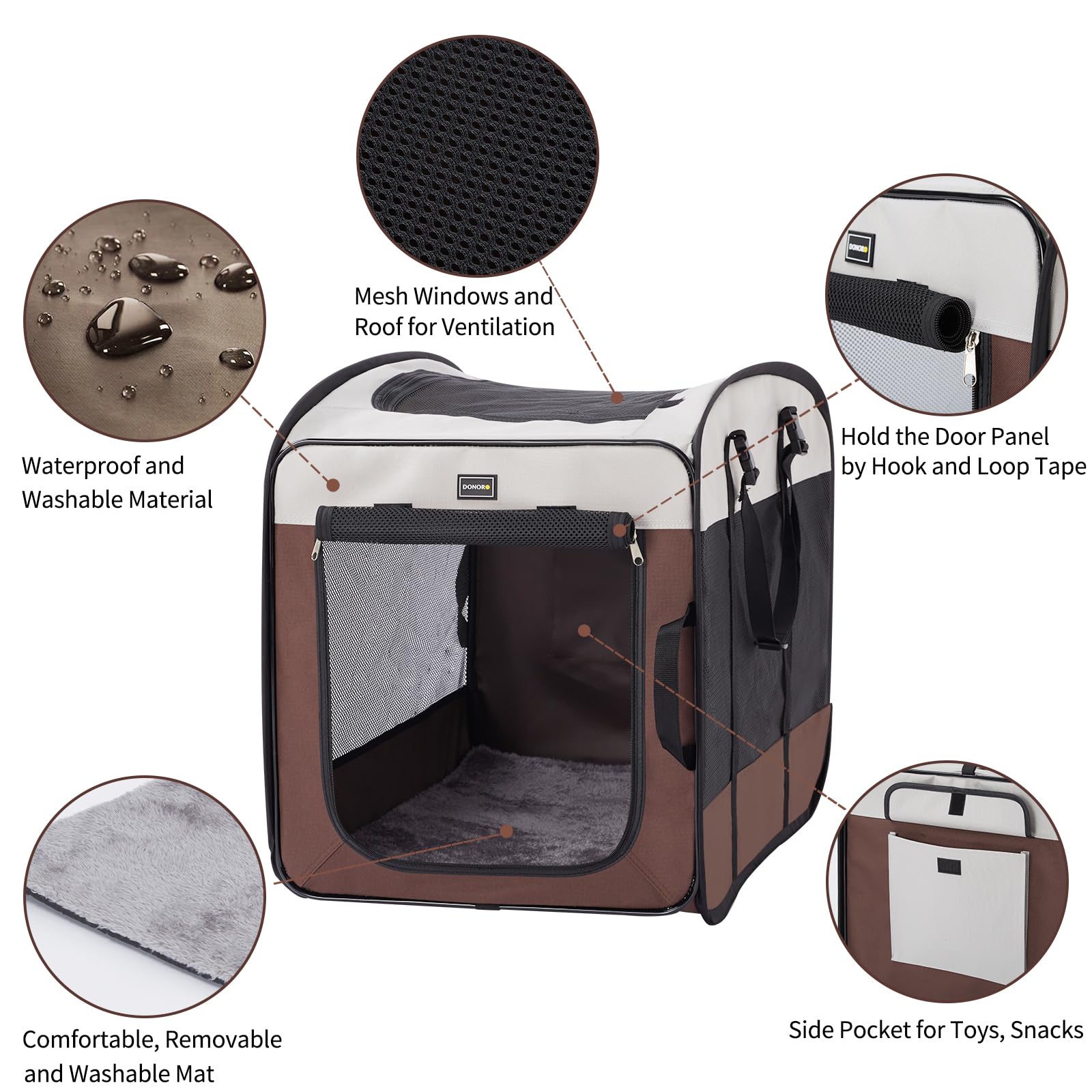 DONORO dog kennel three-doors vented design for easy access and airflow