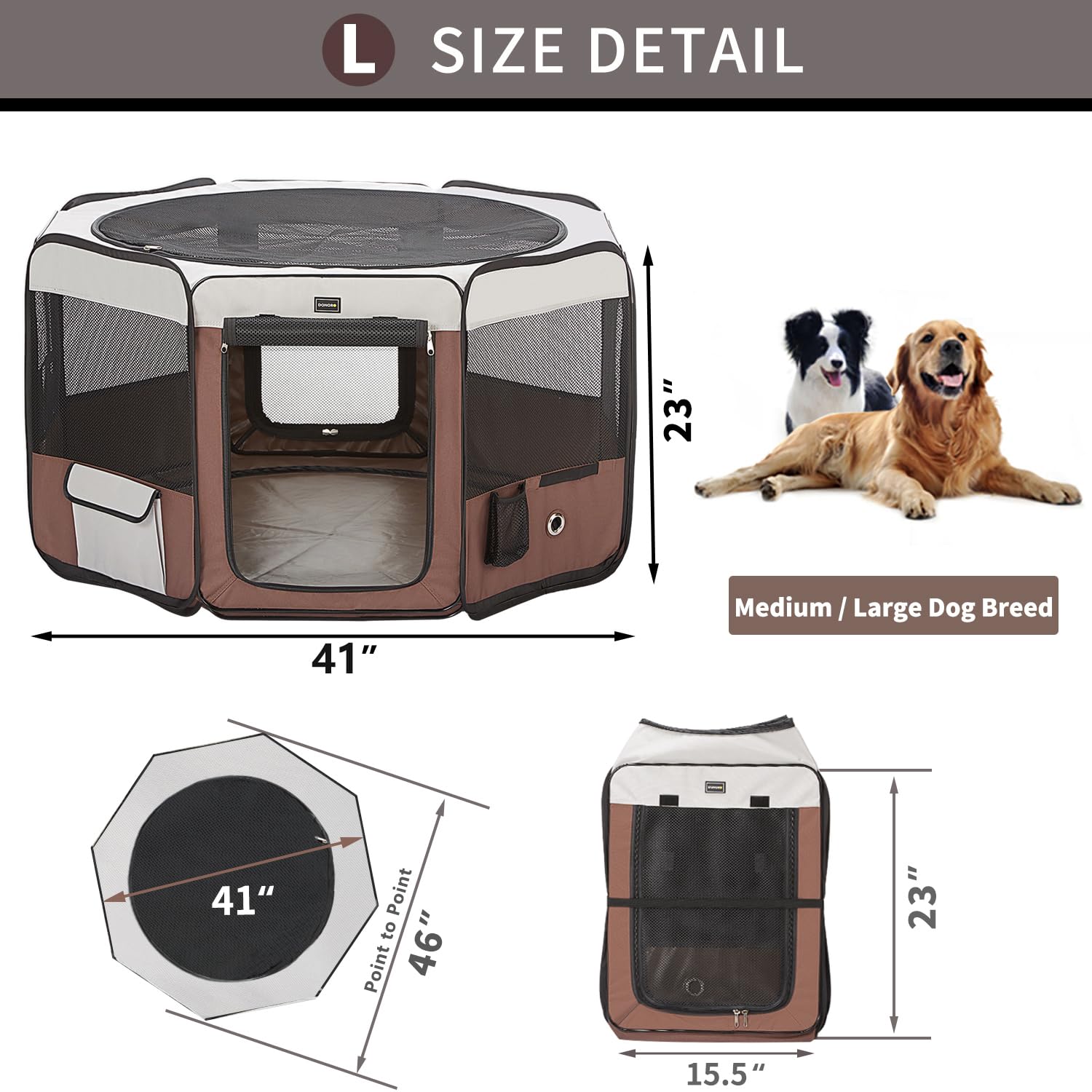 DONORO dog playpen-removable-top-bottom versatile setup for indoor outdoor use.