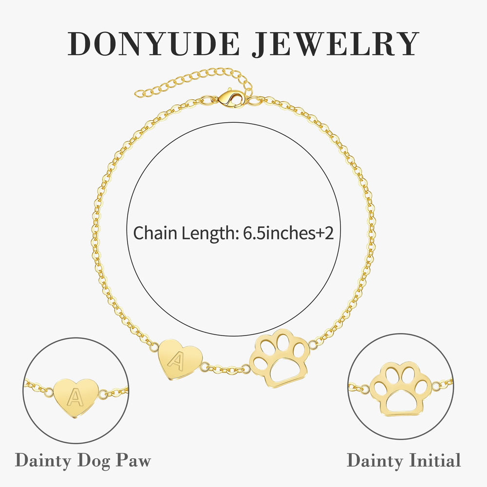 DONYUDE initial bracelet for dog lover—heart, paw motif.