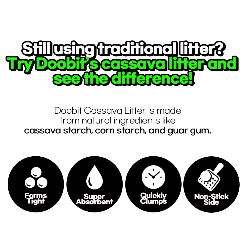 DOOBIT cassava cat litter clumping scene demonstrates easy cleanup after use.