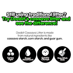 DOOBIT cassava cat litter clumping scene demonstrates easy cleanup after use.