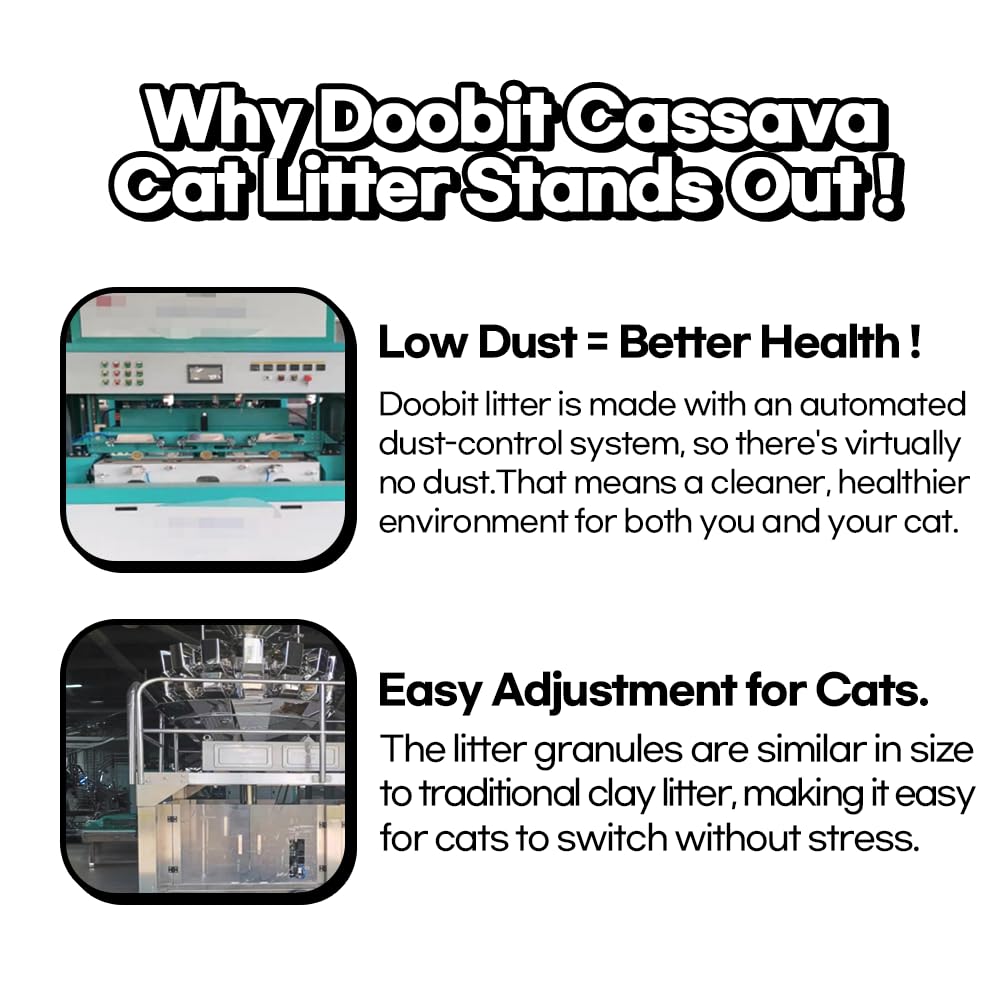 DOOBIT cassava litter lightweight pour illustrates simple scoop-and-fill maintenance.