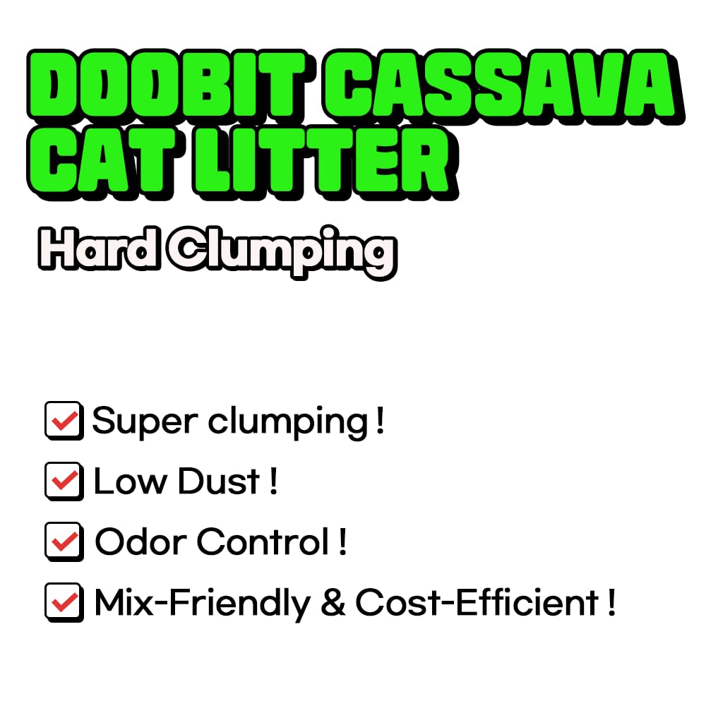 DOOBIT cassava litter texture closeup highlights soft, fine granules for gentle paws.