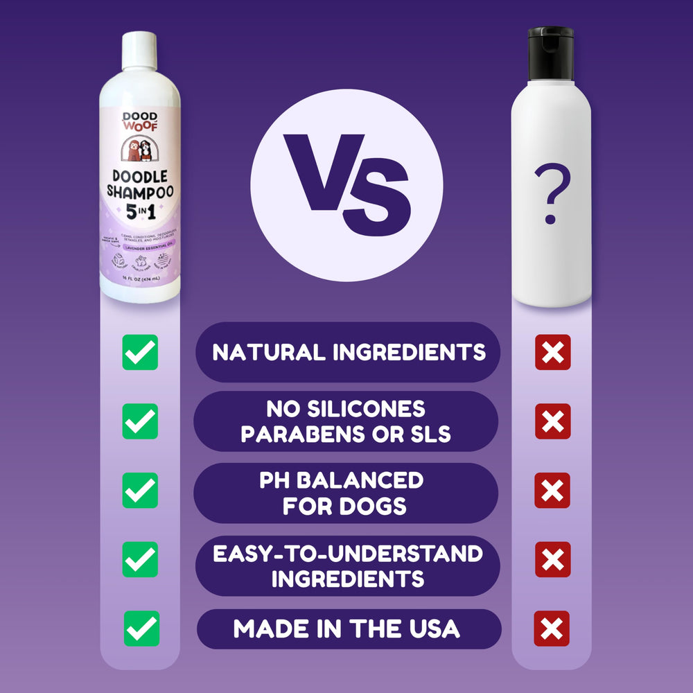 DOOD WOOF all-natural ingredients highlight silicone-free, paraben-free, SLS-free formula.