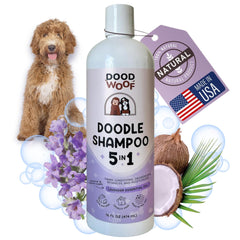 DOOD WOOF shampoo bottle showing 5-in-1 formula for easy grooming and detangling.