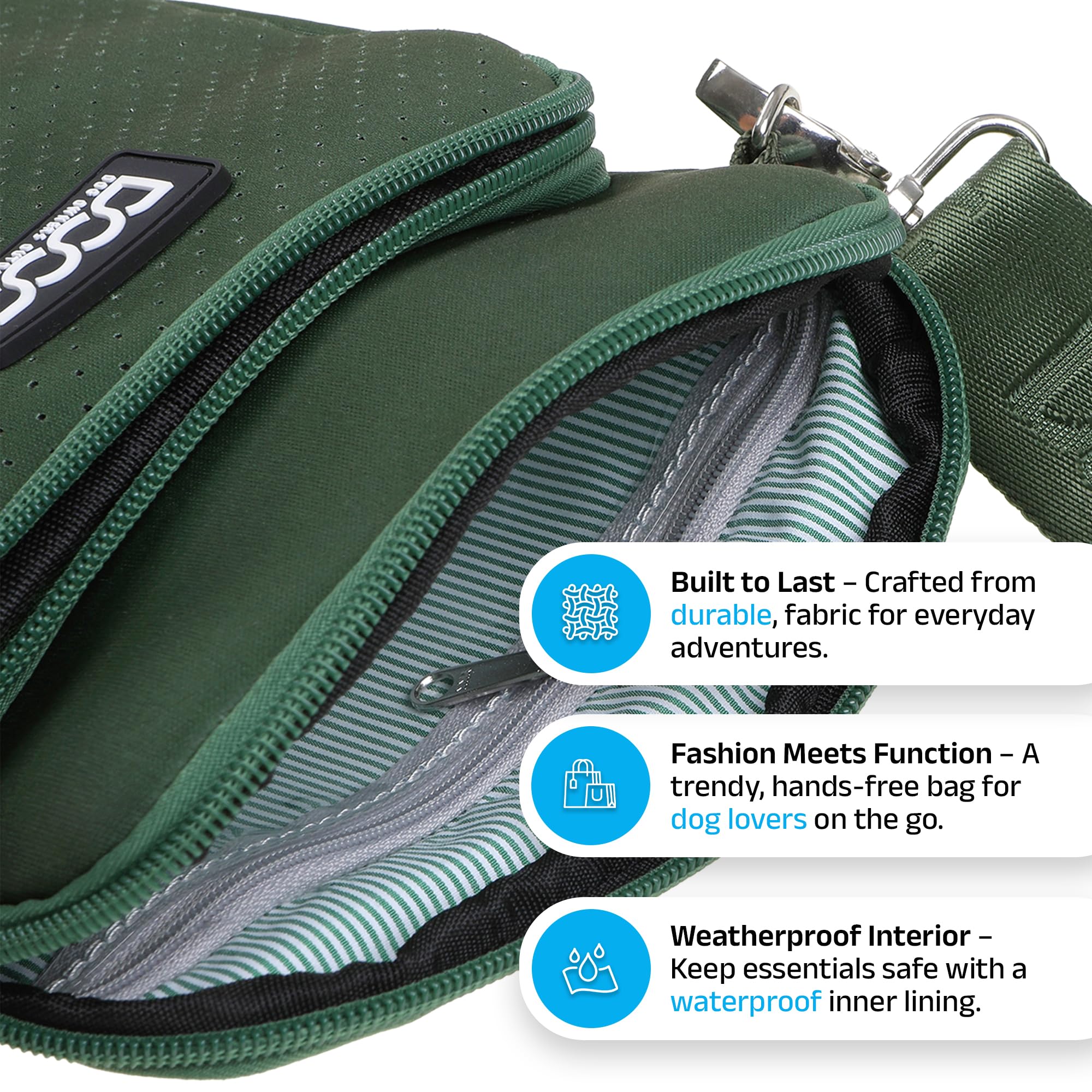 DOOG Walkie Bag shows a water bottle holder for on the go hydration.