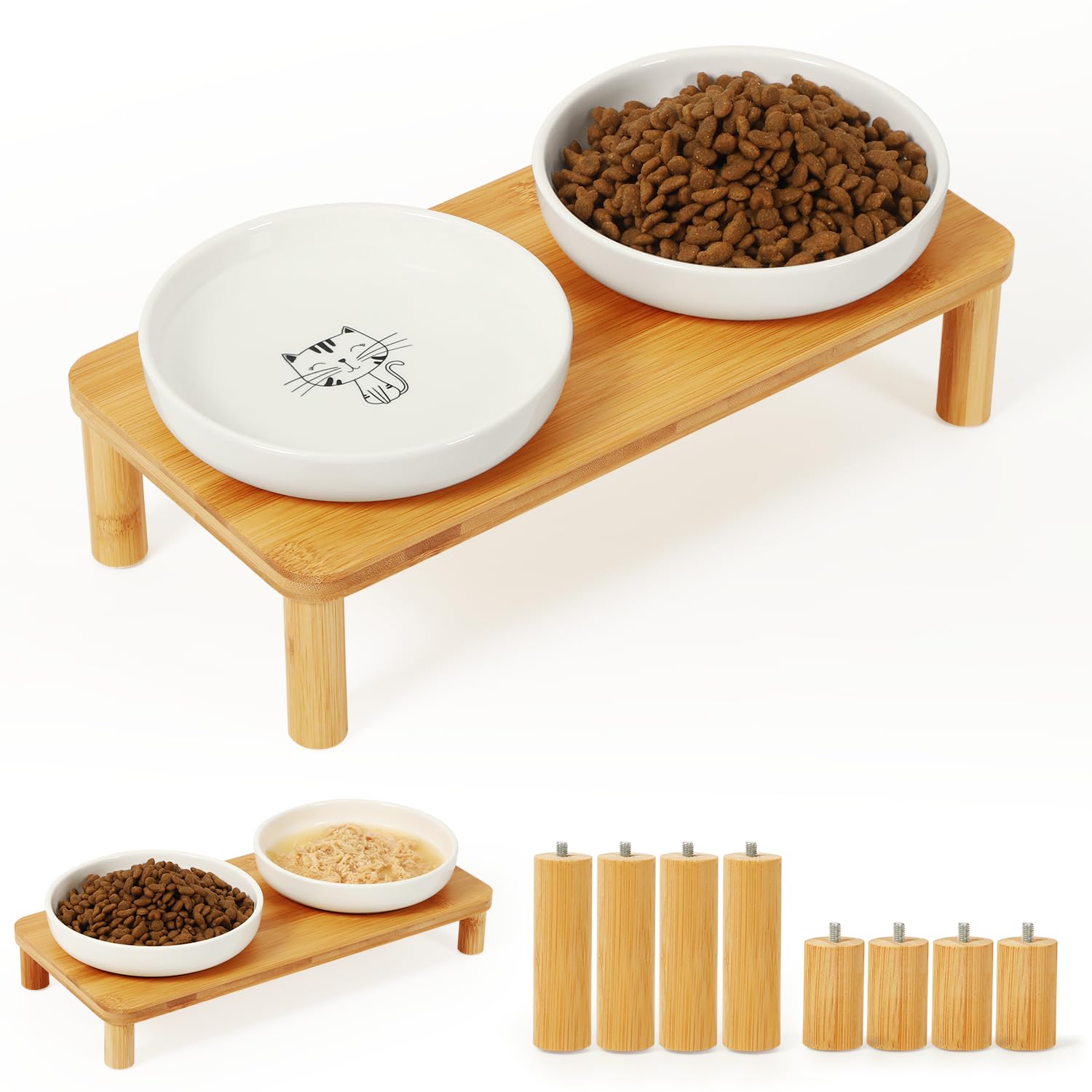 DoogCat easy-clean bamboo stand with ceramic bowls for quick maintenance.