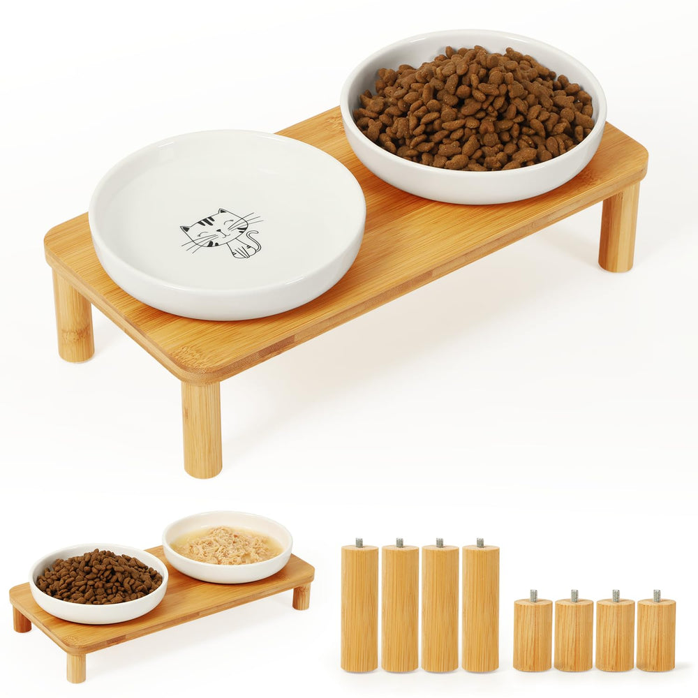 DoogCat easy-clean bamboo stand with ceramic bowls for quick maintenance.