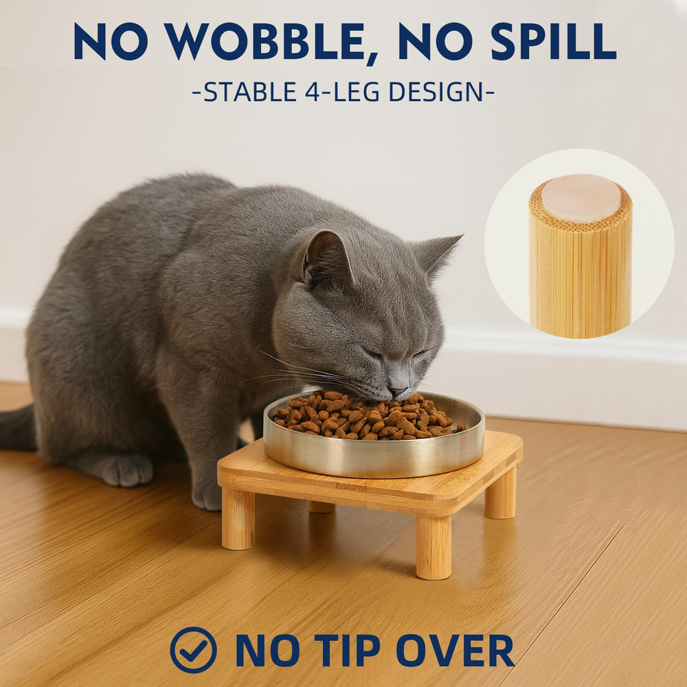 DoogCat four-leg bamboo stand keeps the feeding table steady during meals.