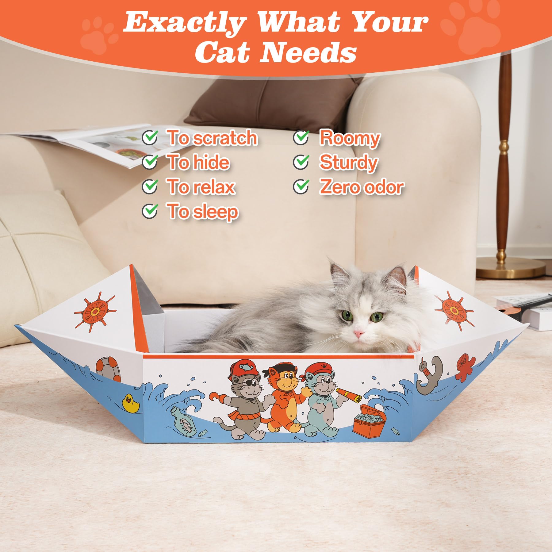 DOOKRON Cat Scratcher Boat top-angle—double-sided pads extend scratching life.