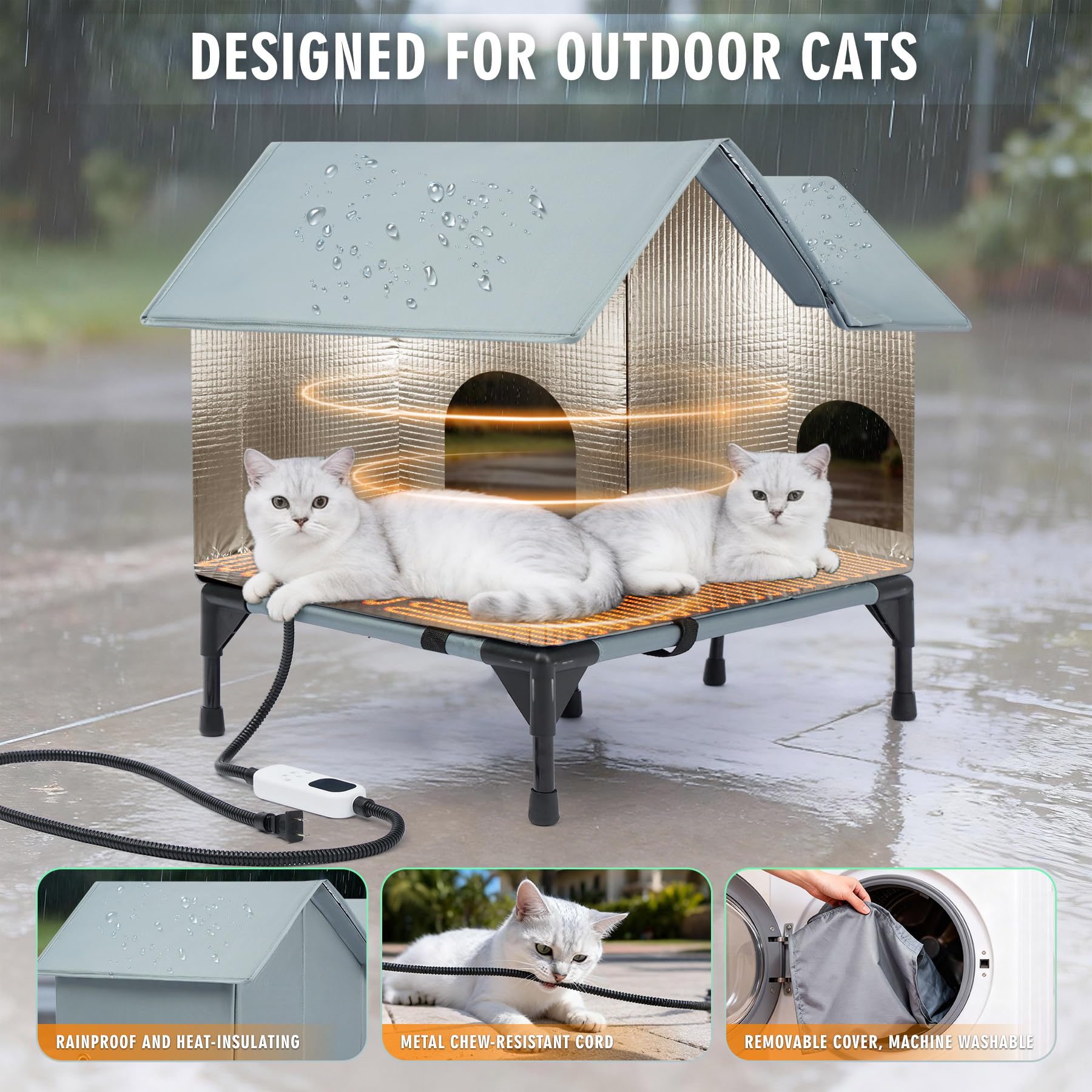 DOOKRON outdoor cat house grey base stability image shows elevated, moisture-proof foundation