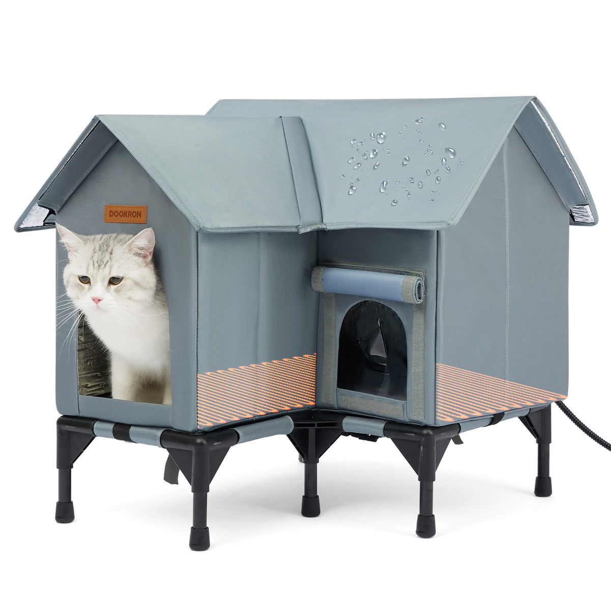 DOOKRON outdoor cat house grey front view demonstrates rugged weatherproof shelter for outdoors