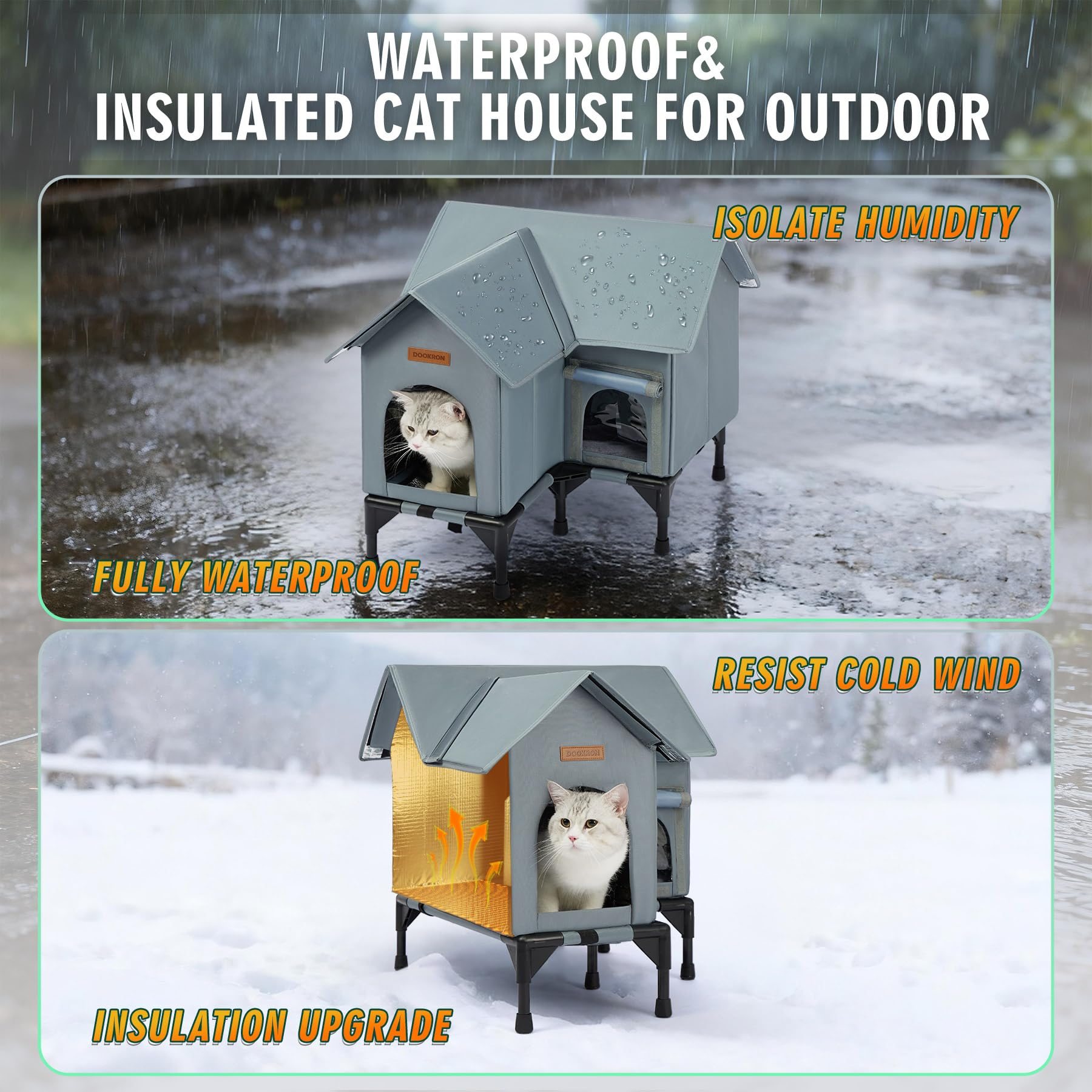 DOOKRON outdoor cat house grey insulation layer reveals thermal board for warmth retention