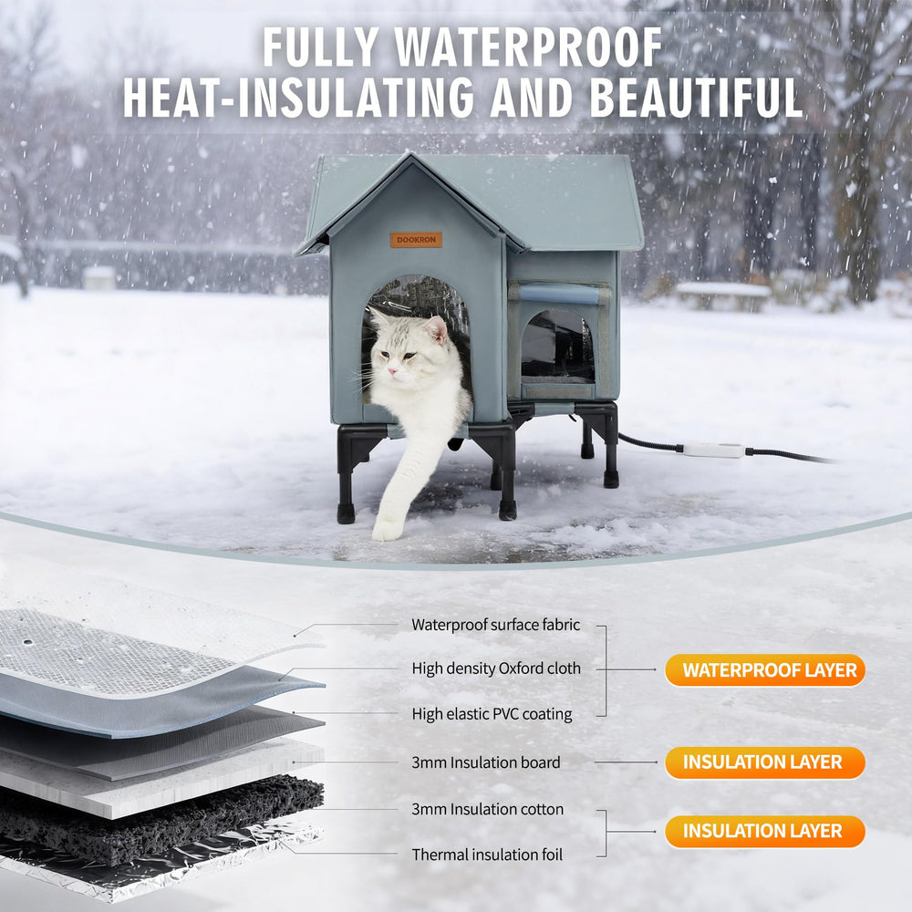 DOOKRON outdoor cat house grey roof close-up showcases double-peaked roof avoiding water pooling