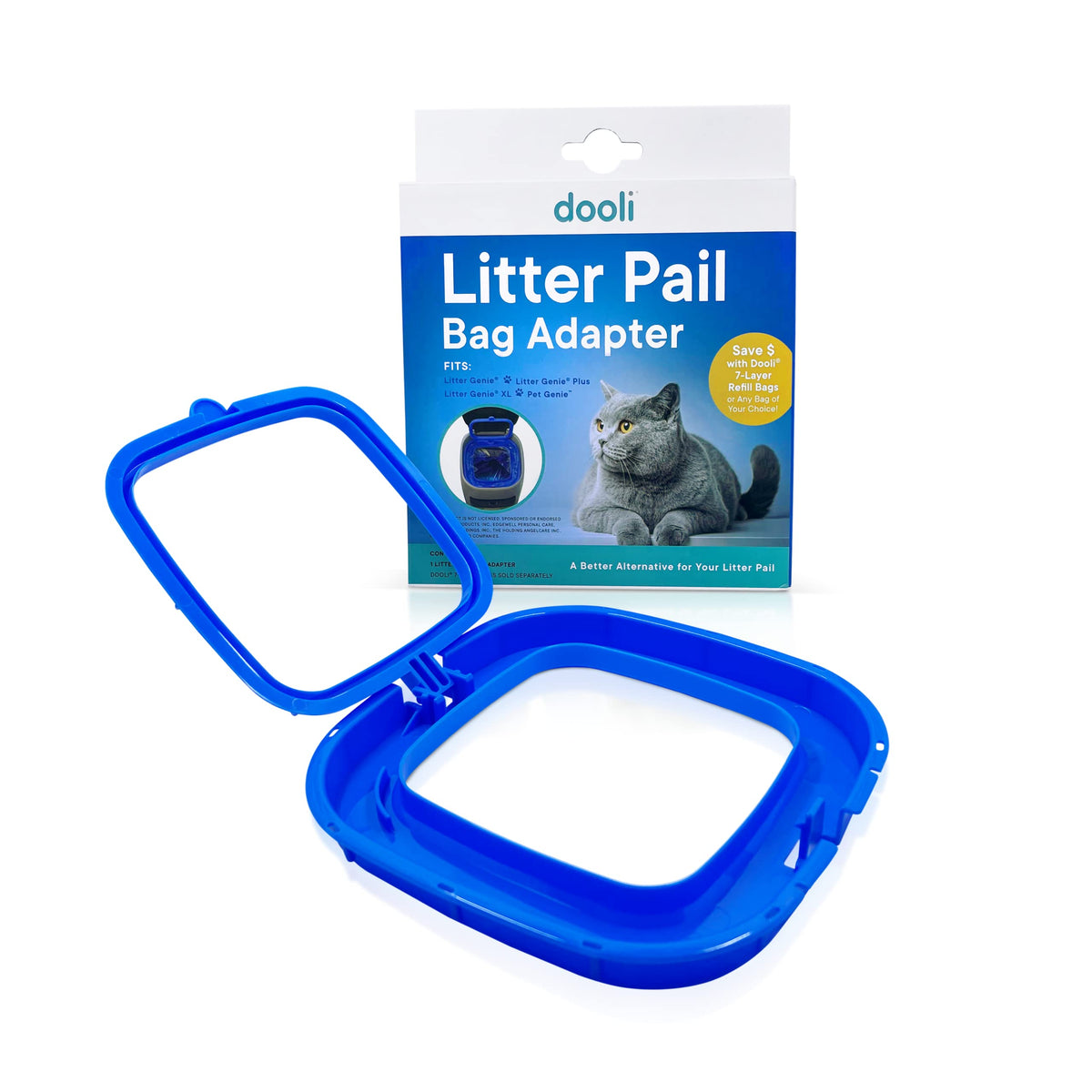 Dooli cat-litter-pail-bag-adapter detailed view showing easy bag changes and compatibility