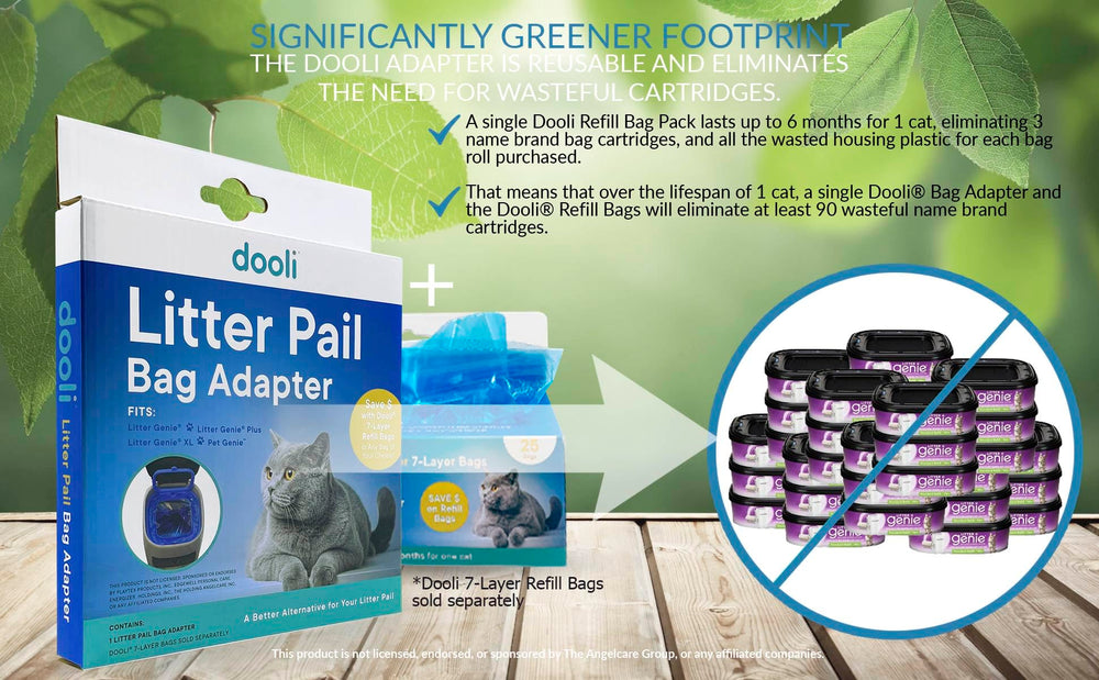 Dooli cat-litter-pail-bag-adapter close-up shows compatible model fit and odor control potential
