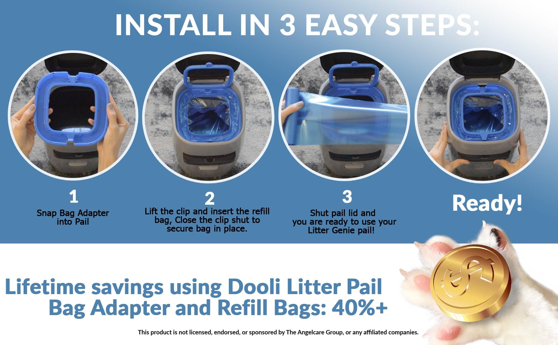 Dooli cat-litter-pail-bag-adapter in-use tie-knot feature seals full bags