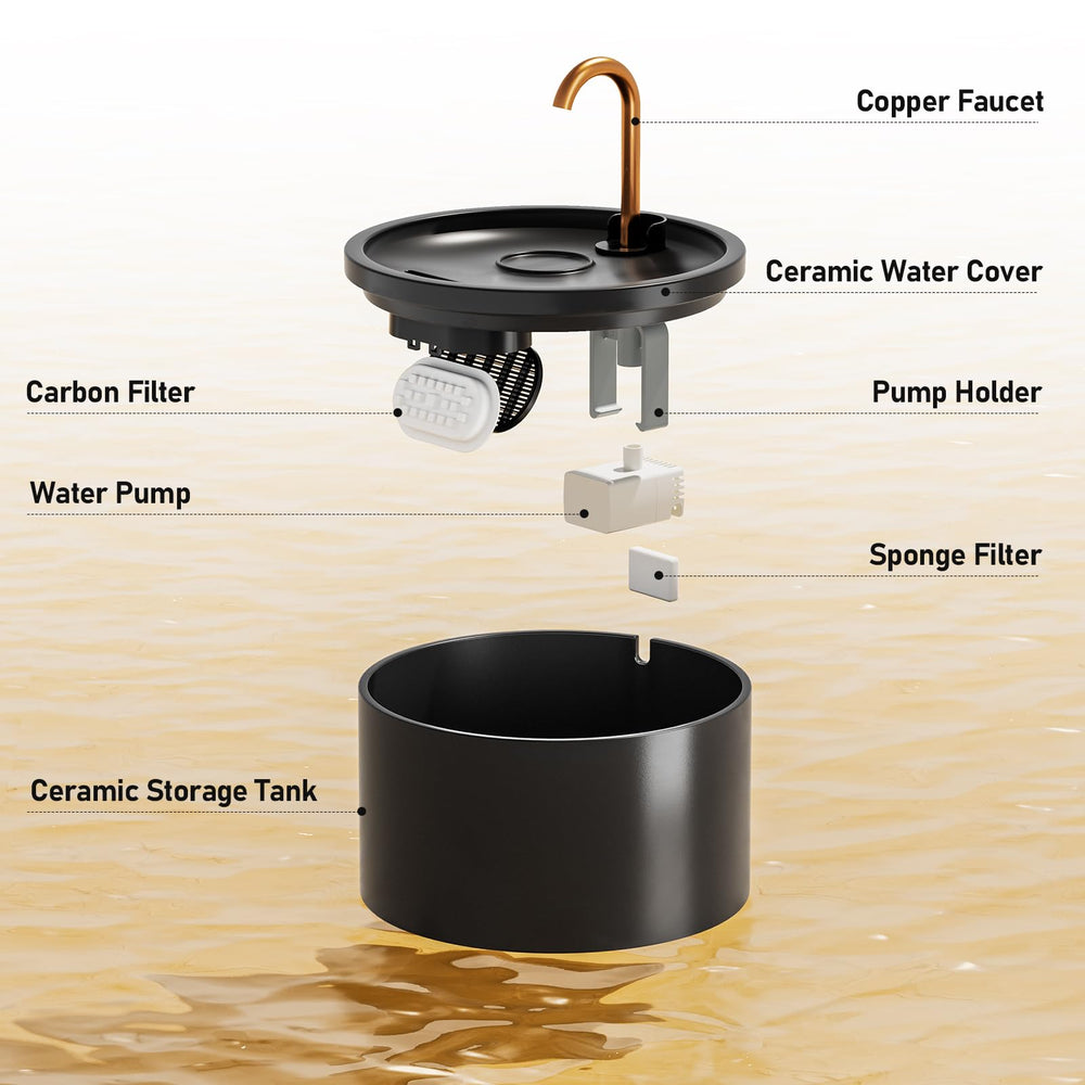 DOOOB ceramic cat water fountain pump close-up highlights ultra-quiet operation for peaceful homes.