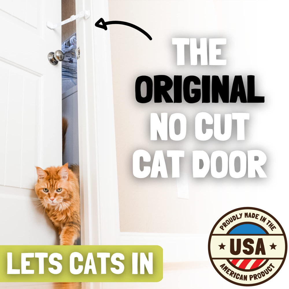 Door Buddy cat door latch installed on door with adjustable strap for easy feline access