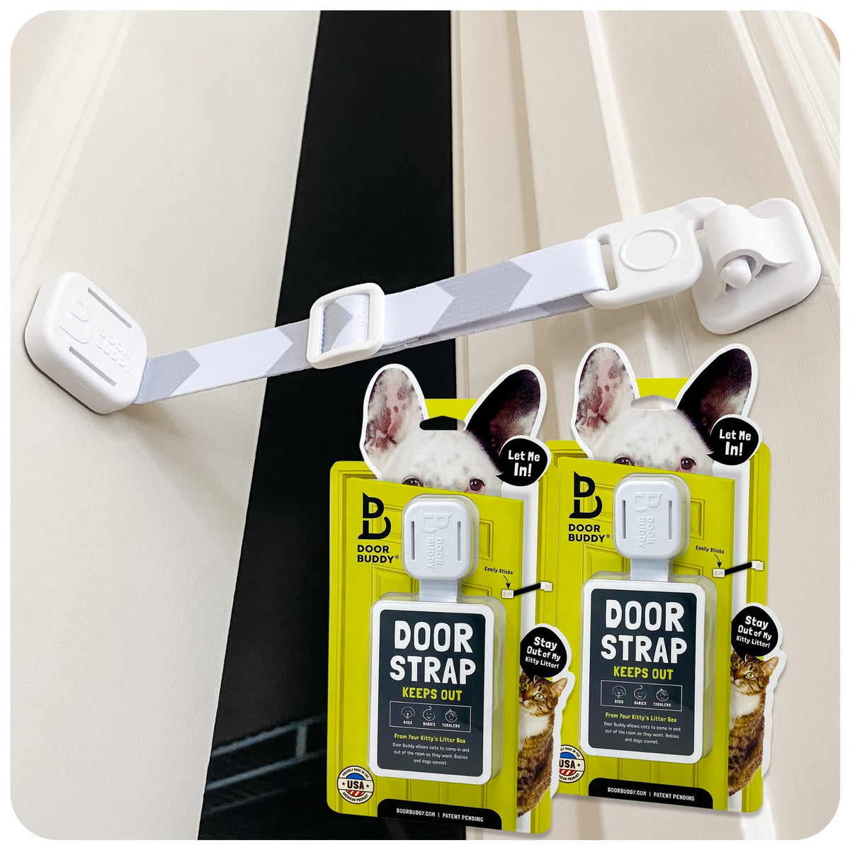 Door Buddy Door Latch for Cats Grey 2-Pack shown, keeps dogs out of cat spaces.