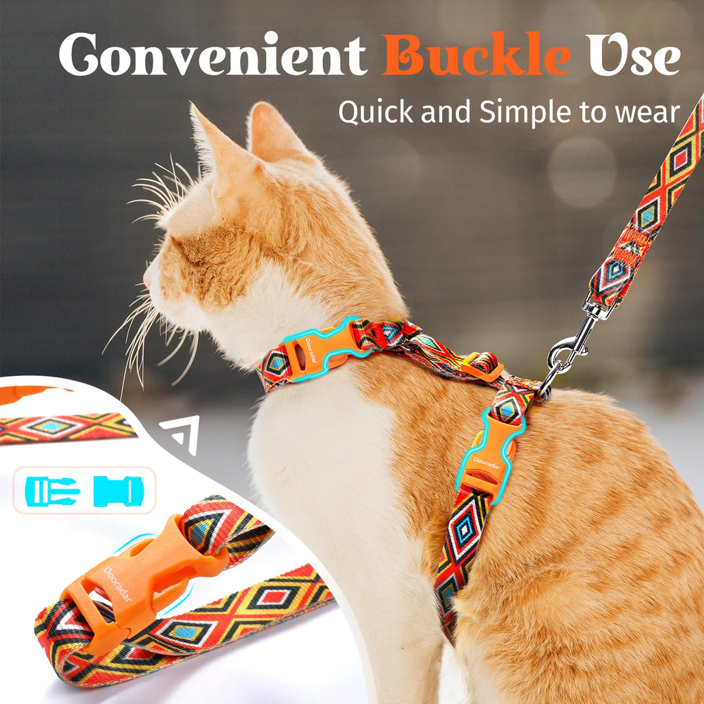 Dooradar cat harness quick-release buckles shown for fast setup.