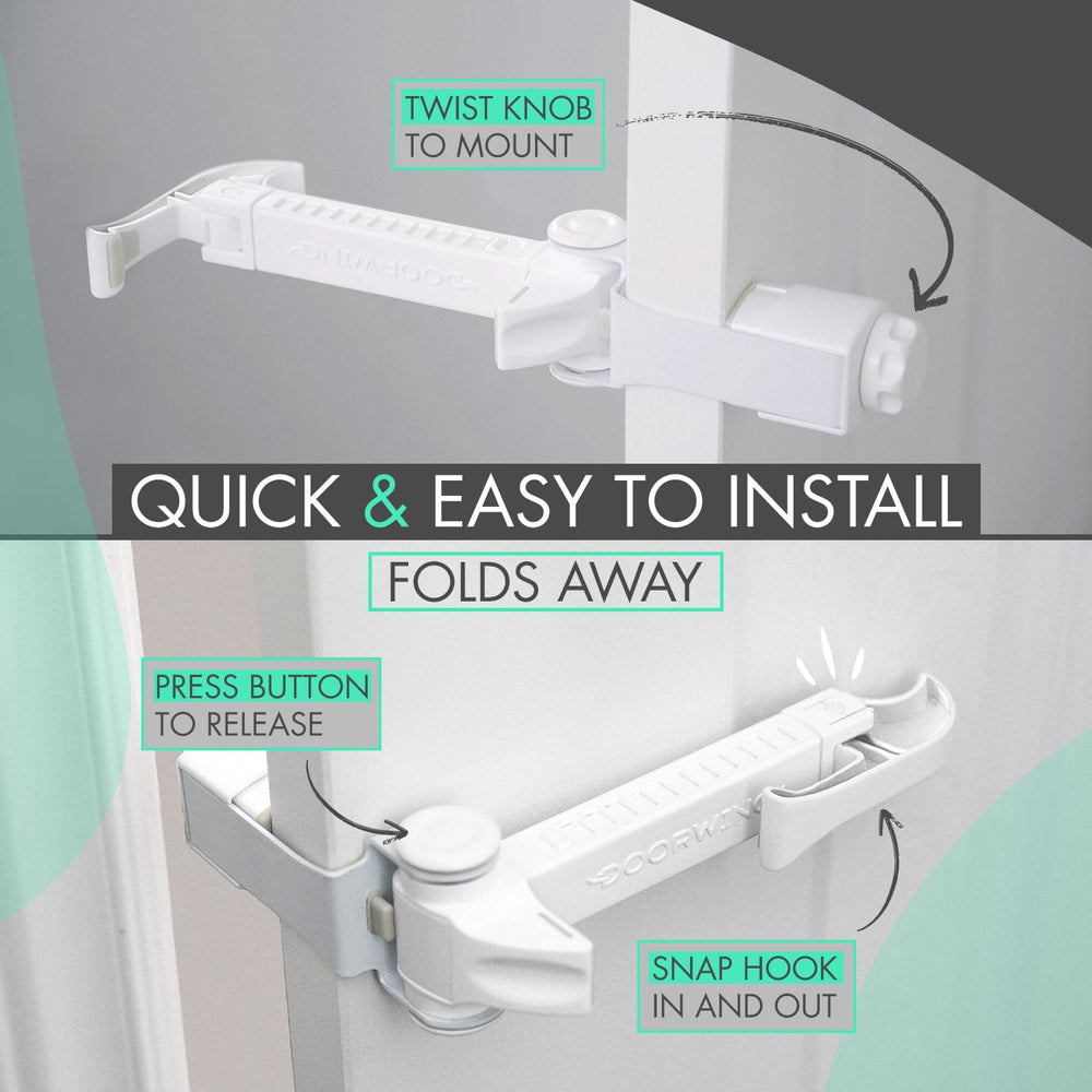 DOORWING portable door lock demonstrated for moving between rooms without tools.