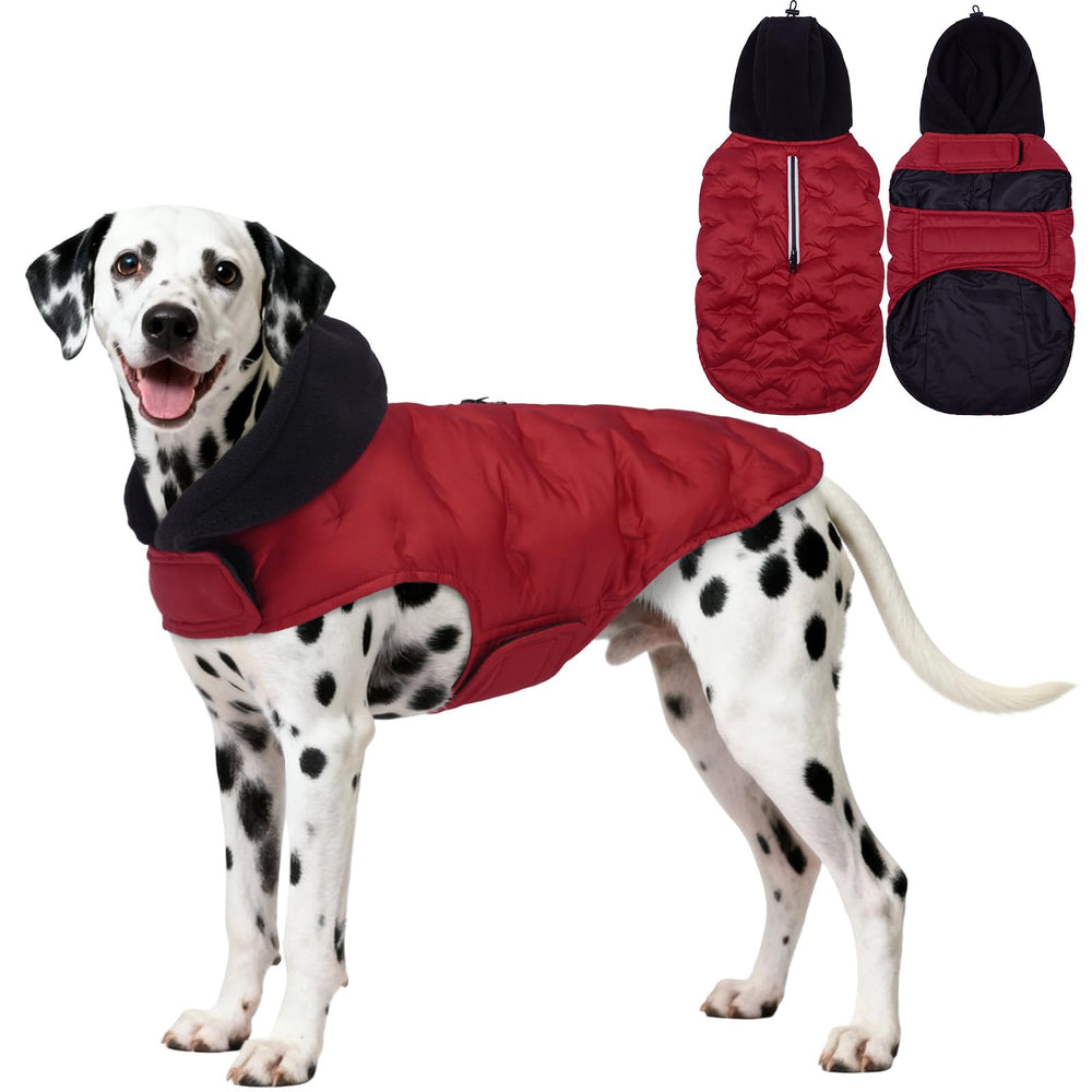 DORA BRIDAL dog puffer coat with hood in red offers warm protection for chilly walks.