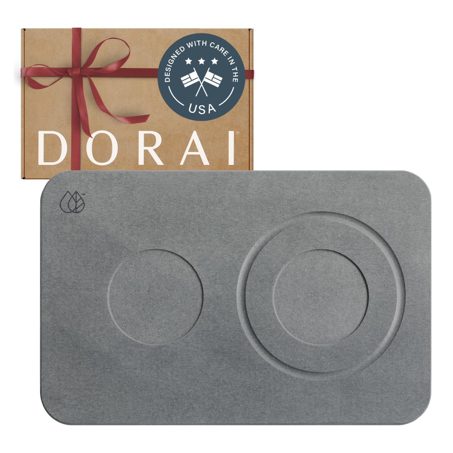 Dorai Home stone drying mat under dog bowls keeps floors clean and dry.