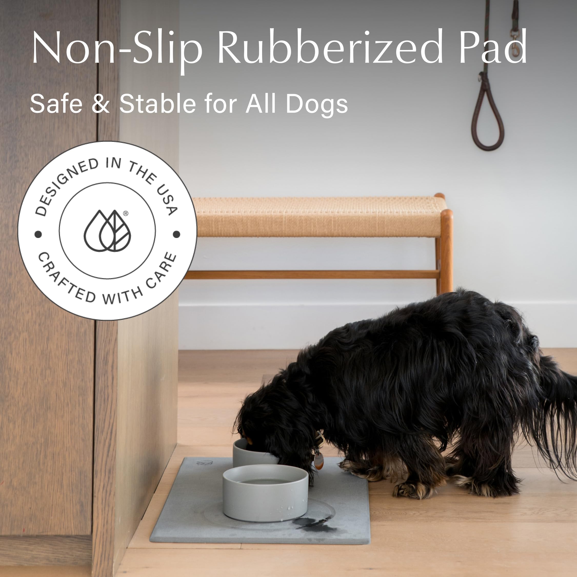 Dorai Home stone mat modern design keeps feeding area tidy.