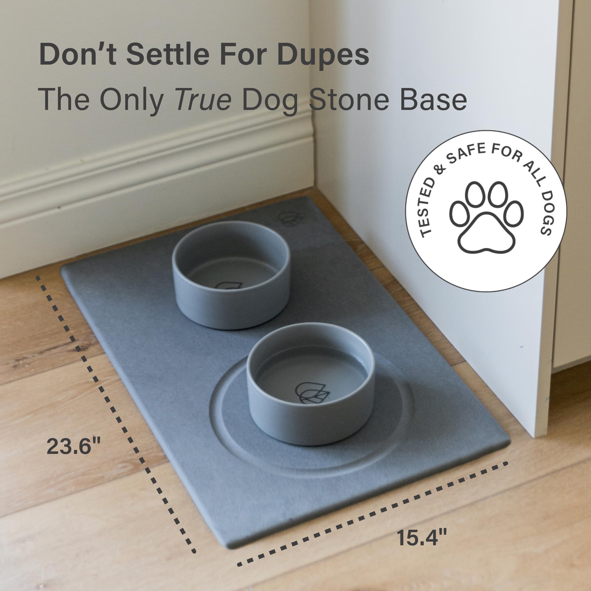 Dorai Home stone mat works well in multi-pet households with two bowls.