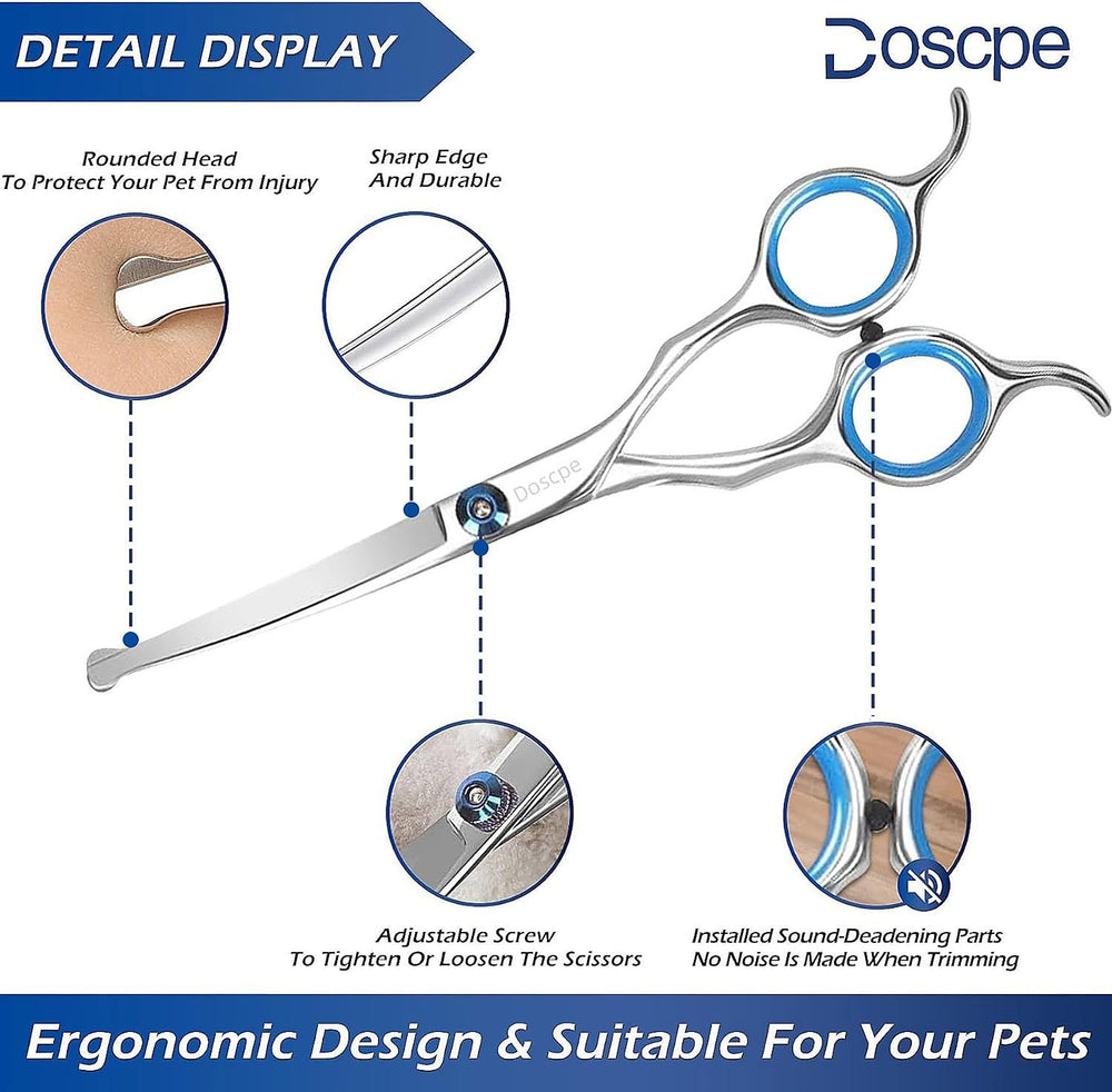 Doscpe curved dog grooming scissors with blunt round tips for safe grooming.