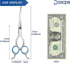 Doscpe curved dog grooming scissors ergonomic handle supports both hands.