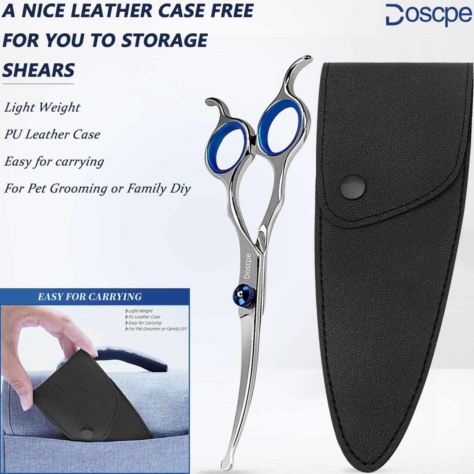 Doscpe curved dog grooming scissors designed for facial and paw trimming.
