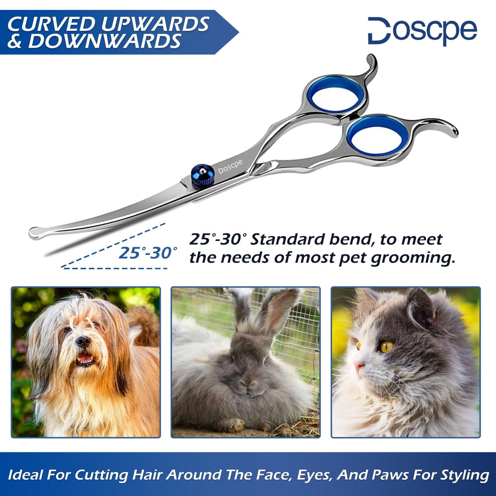 Doscpe curved dog grooming scissors in-use demonstration during grooming.