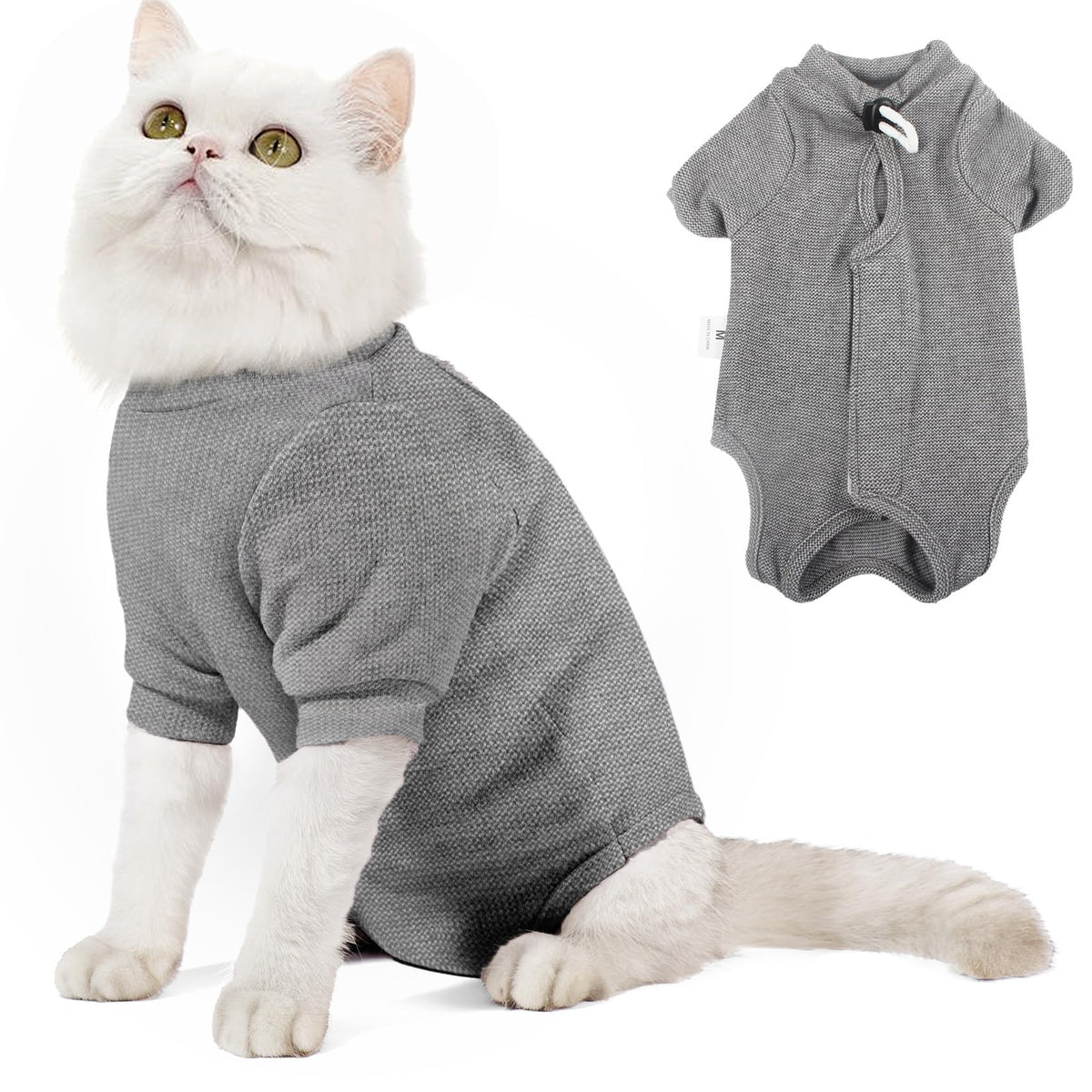 Dotoner cat surgery recovery suit front view with anti-lick protection.