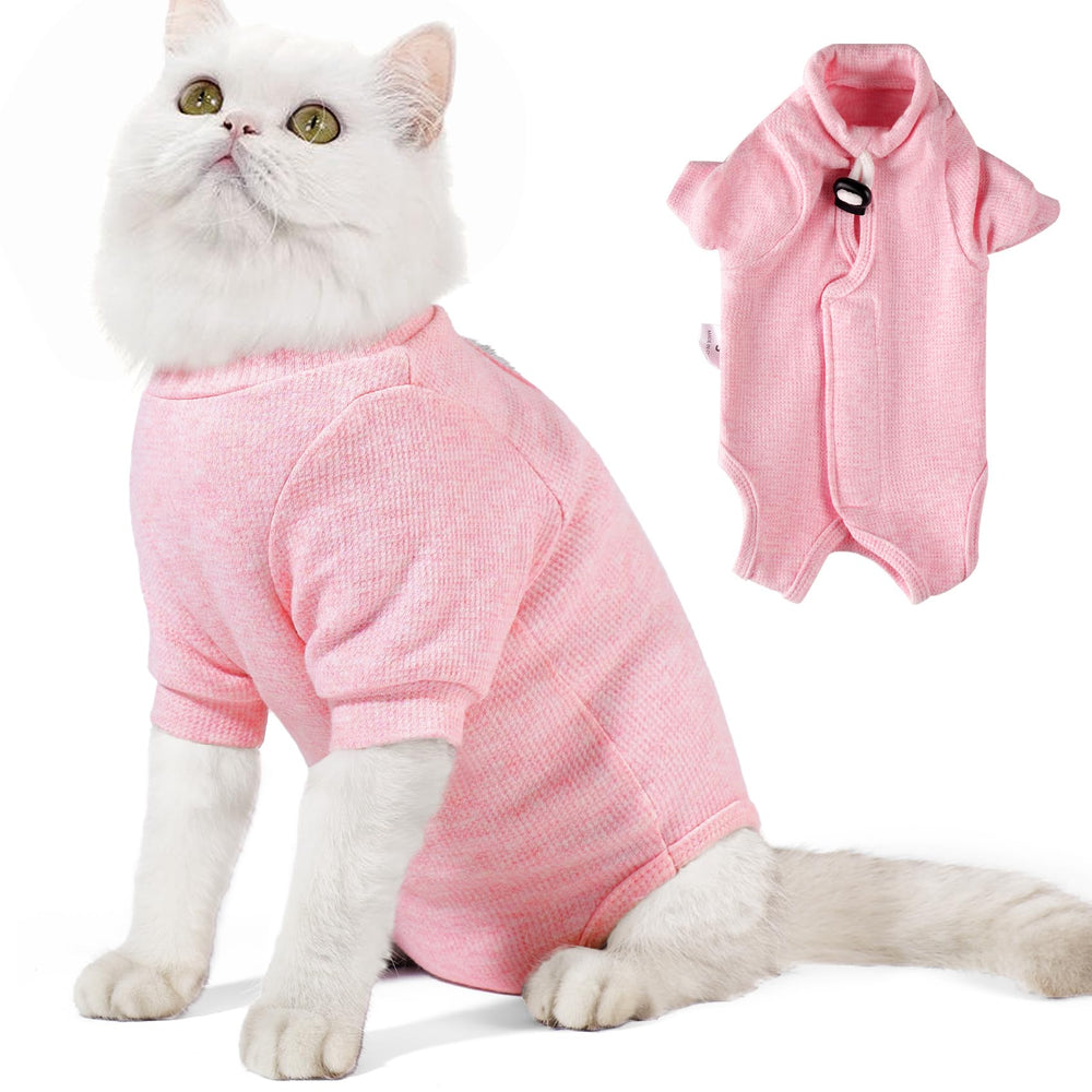 Dotoner cat surgery recovery suit front view highlighting anti-lick design for post-op protection