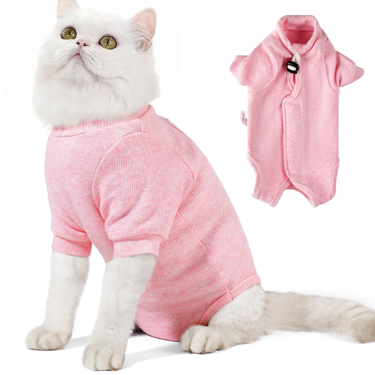 Dotoner cat surgery recovery suit front view highlighting anti-lick design for post-op protection