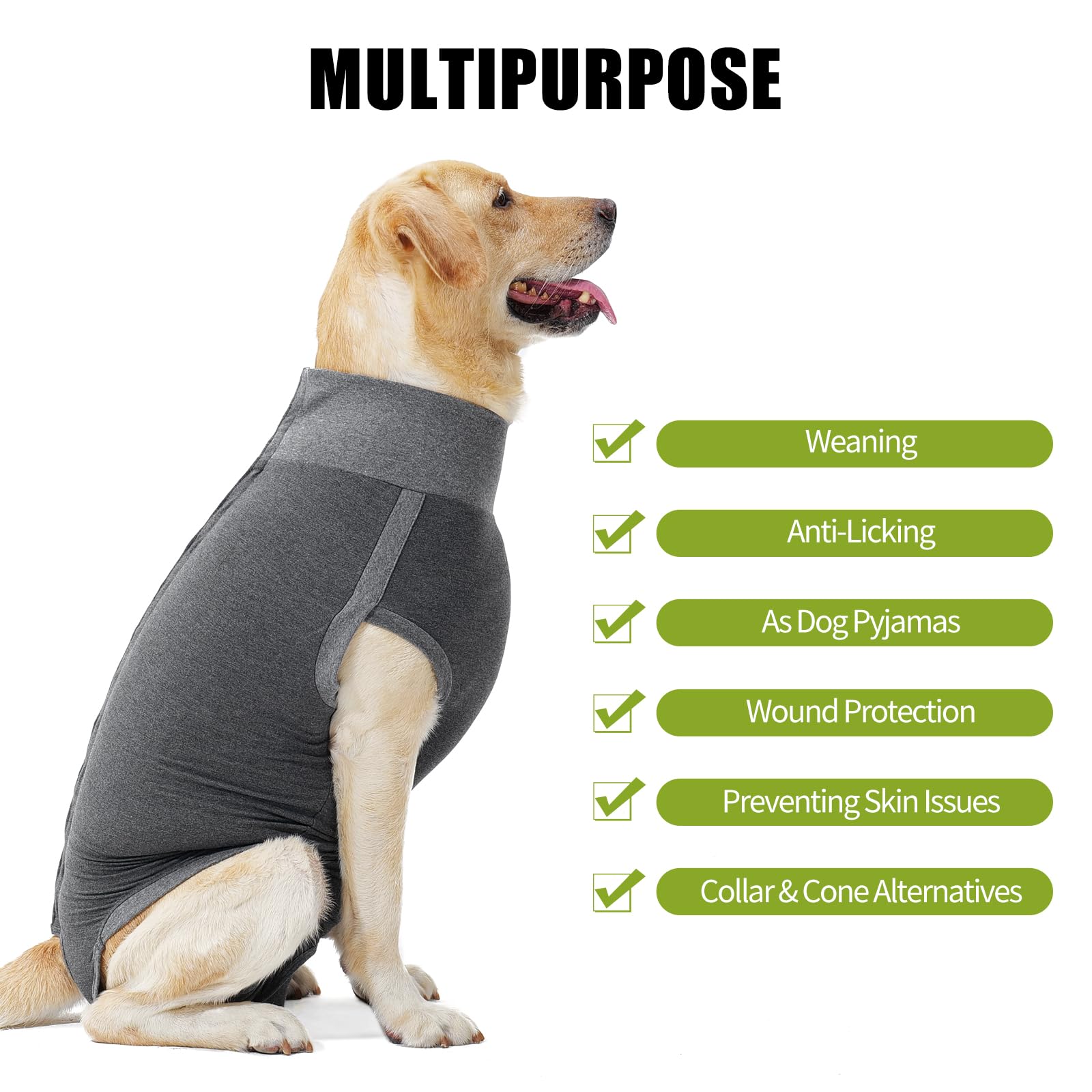 Dotoner dog surgery recovery suit back view shows secure fit for safe healing